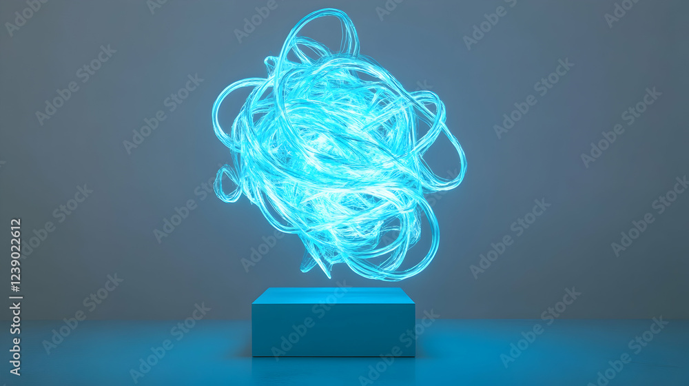 Aufkleber a 3d abstract sculpture with twisting neon cyan wires floating in a void
