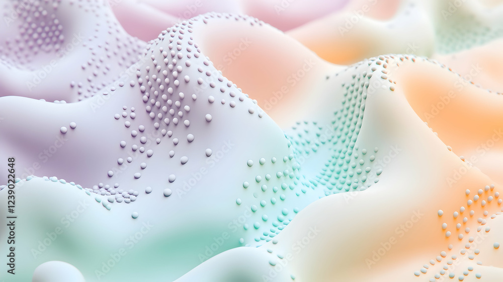 Poster a 3d artwork with soft, pastel-colored dots in lavender, mint, and peach, gently floating and creati