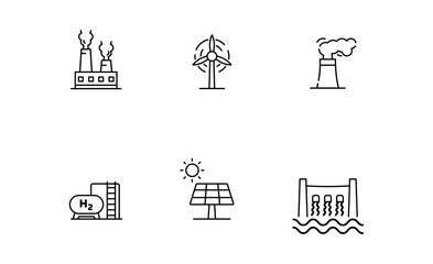 Set of Power plant or Renewable Energy icon, Nuclear Power Plant, Wind Turbines, Ecology, Solar Energy, Hydropower Plant. Outline icon, Editable Stroke