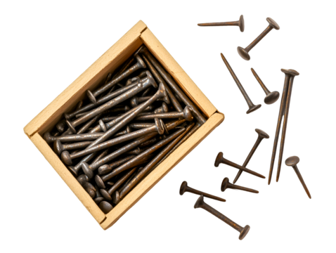 Brass nails in a wooden box, scattered nails, overhead view, isolated on transparent background, PNG, cut out