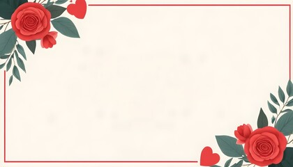 Romantic Floral Frame with Two Red Roses with Leaves in the Corners Against a Soft Cream Background