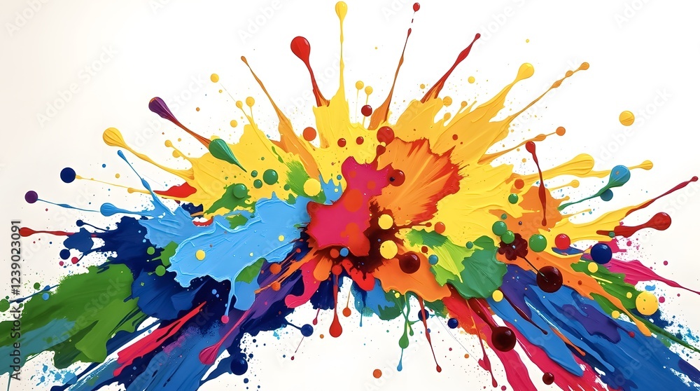 Poster vivid splashes of paint create a colorful abstract explosion on a white background. generative ai