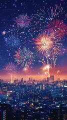 Obraz premium Vibrant Fireworks Display Over City Night Skyline