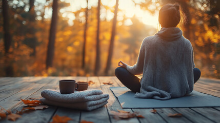 Herbstliche Yoga- und Meditationsszene in der Natur mit friedlicher Morgenstimmung. Generative AI KI