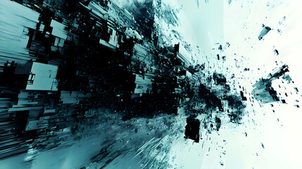 A 3D digital glitch in cyan and charcoal, distorted and fragmented
