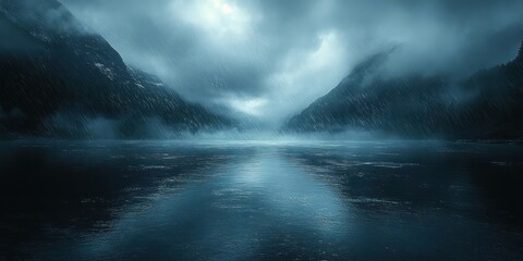 Fototapeta premium Dark Moody Rainy Landscape with Reflective Surface and Ethereal Light