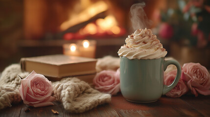 Gem&uuml;tlicher Herbstabend mit hei&szlig;er Schokolade, Kaminfeuer und entspannter Atmosph&auml;re. Generative AI KI