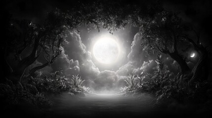 Mystical moonlit forest with engraved silver texture and captivating atmosphere
