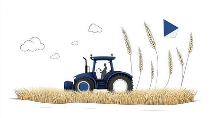 Modern Tractor in an Abstract Landscape with Wheat and Clouds in Simple Style