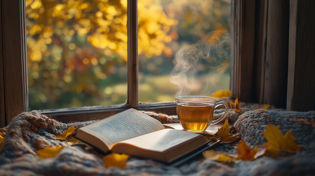 Gem&uuml;tliche Herbststimmung mit warmem Licht, Tee, B&uuml;chern und nat&uuml;rlicher Wohlf&uuml;hlatmosph&auml;re. Generative AI KI
