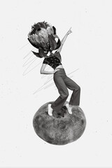 Vertical creative photo collage illustration of headless girl flower instead of head stand on...