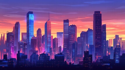 Fototapeta premium Vibrant City Skyline at Sunset Glow