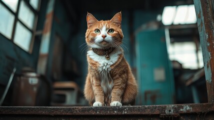 This regal-looking orange cat sits confidently in a decaying space, showcasing its striking gaze and charming presence against a backdrop of distressed walls and soft lighting.