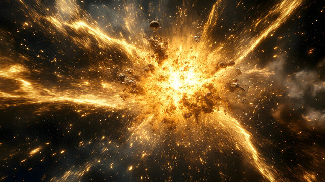 A 3D exploding supernova in gold and cobalt, cosmic debris trailing