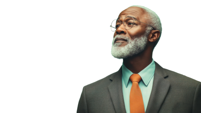 Confident senior businessman looking up with hope on transparent background