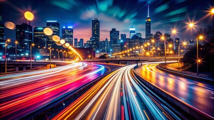 Fototapeta premium Long Exposure Light Trails at Night, Cityscape, Abstract, Blurred Lights, Urban Scene