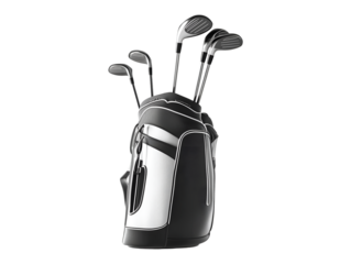 Golf clubs in a stylish bag ready for the course, isolated on transparent background, PNG, cut out