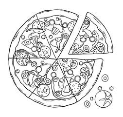 Italian pizza and ingredients linear vector hand drawn illustration. For textile, poster, banner, menu.