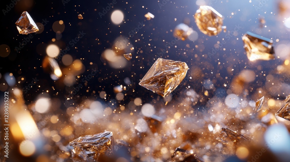 Poster a mesmerizing display of golden shards in dynamic motion, creating a sense of energy and vibrancy, e
