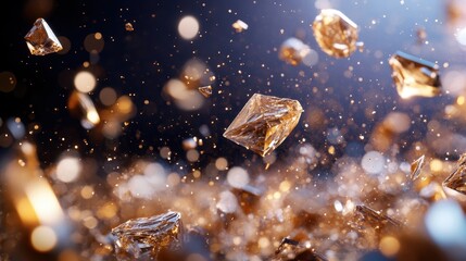 A mesmerizing display of golden shards in dynamic motion, creating a sense of energy and vibrancy, enhanced by the surrounding shimmering particles and light.