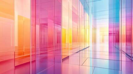 Colorful glass corridor, abstract interior design, vibrant hues, light reflection.