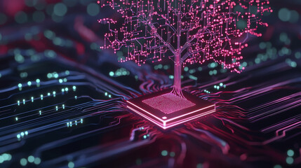 digital tree design emerging from circuit board, symbolizing technology and nature