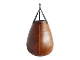 Vintage leather boxing punching bag hanging, isolated on transparent background, PNG, cut out