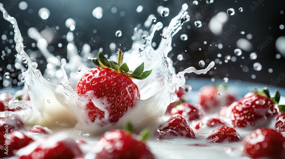 Poster a beautiful display of fresh strawberries plunging into creamy liquid, creating a dynamic splash tha