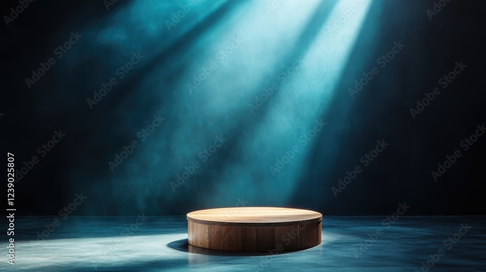 Poster a circular wooden podium appears mysteriously illuminated by soft beams of light, creating an enchan