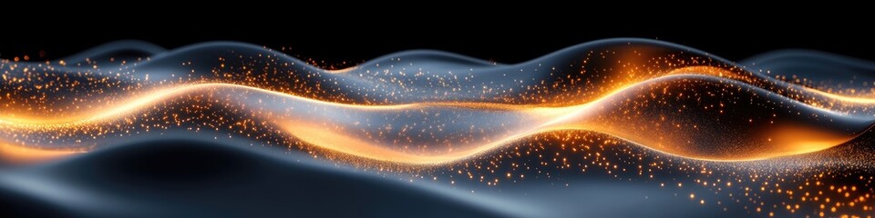 Abstract image of flowing orange and blue light particles resembling waves or energy. Glowing embers and sparks create a dynamic, energetic scene against a black background. The particles seem to