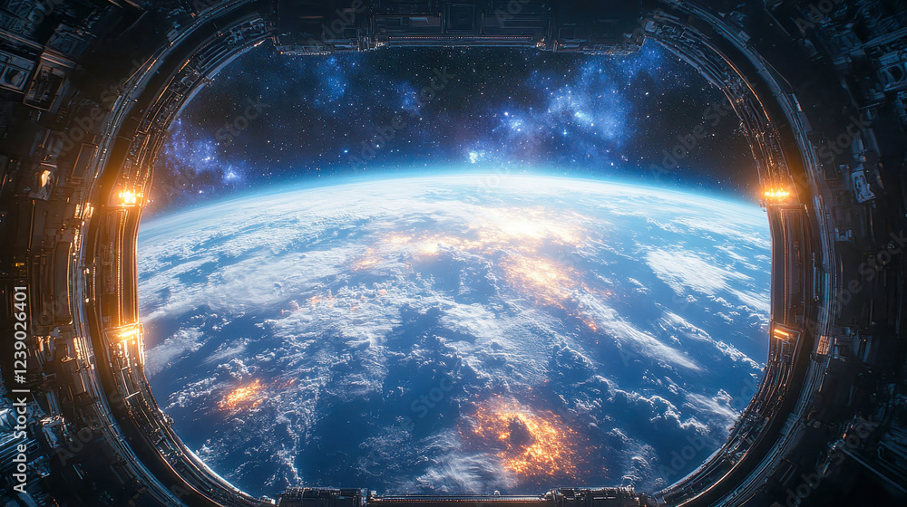 Poster a breathtaking view of earth from a futuristic spaceship window, showcasing glowing clouds and deep 