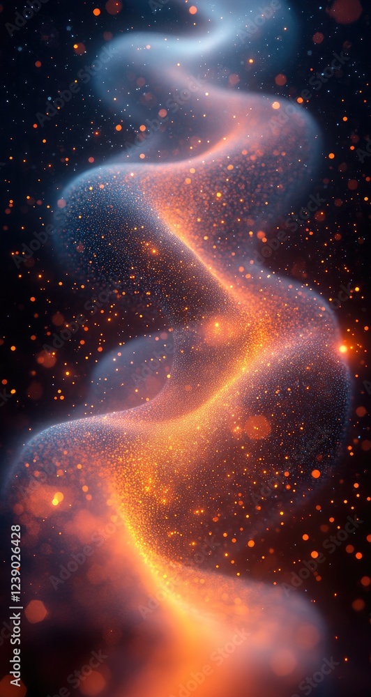 Poster abstract image of swirling, luminous particles. colors range from deep blues and oranges to fiery re
