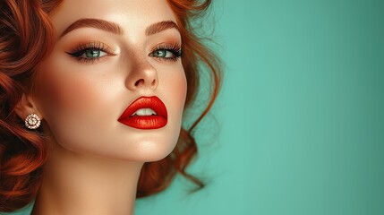 Fototapeta premium Redhead Beauty: Vibrant Portrait with Bold Makeup and Teal Background