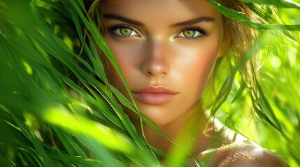 Fototapeta premium woman face partially hidden by vibrant green foliage natural beauty and serenity