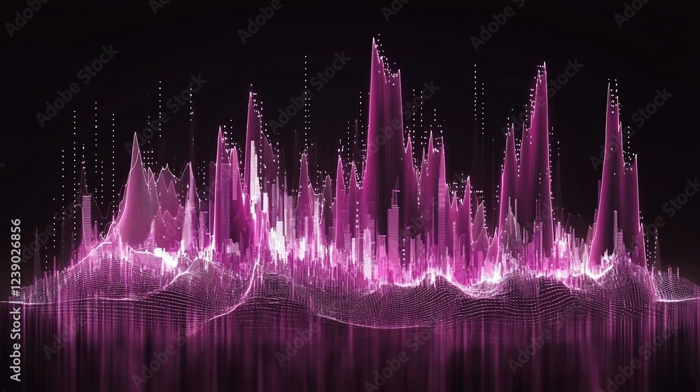 Poster pink digital cityscape; data visualization; abstract background; tech presentation