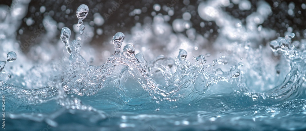 Poster water splash detail with droplets and motion blur in a dynamic close up macro shot