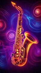 Fototapeta premium Colorful neon saxophone shines in vibrant abstract background.