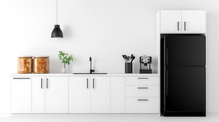 Modern Minimalist Kitchen Design with Black Appliances and Organized Counter Space