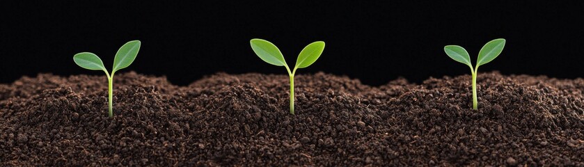 Three small green seedlings emerge from rich brown soil against a black background, symbolizing growth and new beginnings.