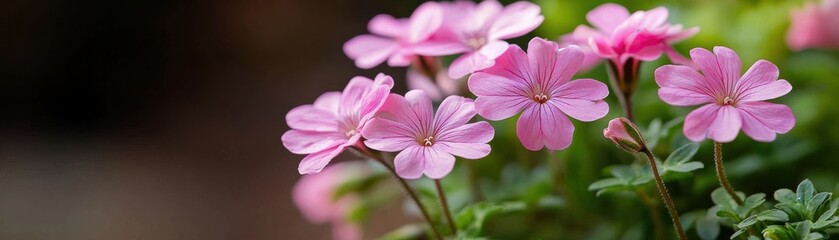 Fototapeta premium Delicate pink flowers bloom gracefully, showcasing their intricate petals and vibrant green leaves against a soft, blurred background.
