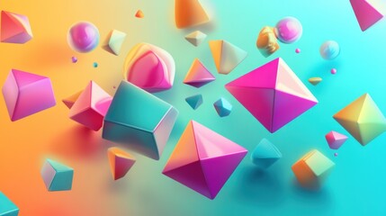 Abstract colorful 3D shapes floating in vibrant gradient background.