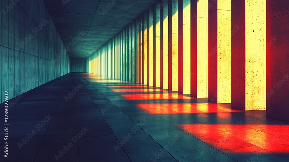 Poster abstract architectural corridor with vibrant colored light and shadow interplay