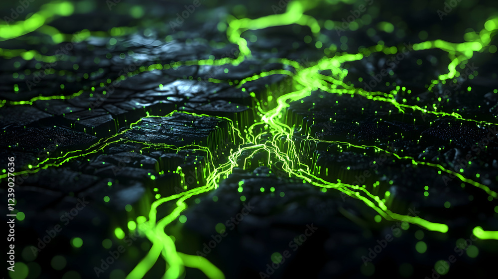 Poster a 3d neon circuit veins in volt green and cyber black, alive and pulsating