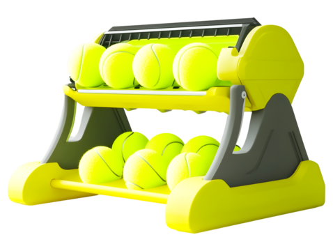 A bright yellow and gray tennis ball holder with a sleek design featuring several tennis balls in a stack on the upper level, with a lower level featuring a partial view of tennis balls, png, cut out