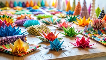 Fototapeta premium Long Exposure Photography of Origami Paper on Craft Table, White Background