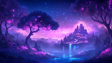 Mystical forest city with magical floating elements illuminated by ethereal light for enchanting fantasy settings