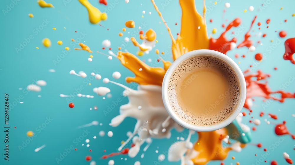 Poster a captivating coffee cup is surrounded by explosive splashes of color, merging the worlds of art and