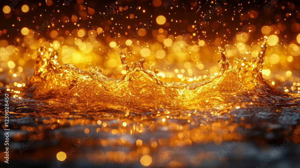 Poster golden liquid splashing in slow motion, illuminated by warm, sparkling light, creating a dynamic sce