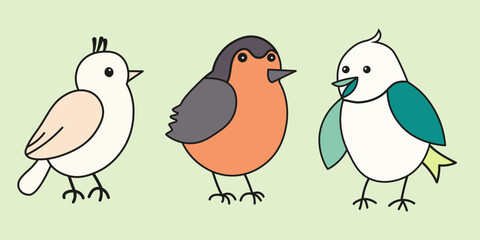 Set of colorful doodle birds. Different spring birds.