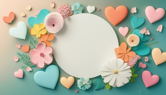 aesthetic flat lay with pastel coloured hearts and flowers white circular center for copy space generative ai